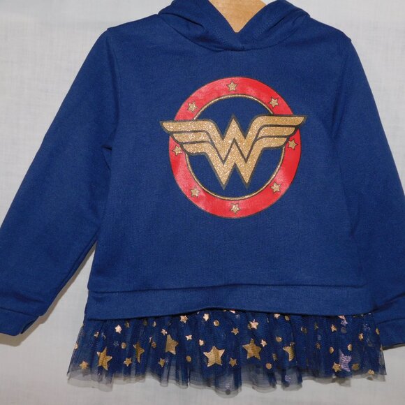 DC Comics Wonder Womens Toddler Girl 3T Hoodie with Tulle Ruffle w Gold Stars - Picture 7 of 7